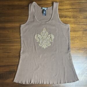 Bisou Bisou Y2k Brown Tank Top Womens Large Gold Rhinestone Fleur De Lis Biker